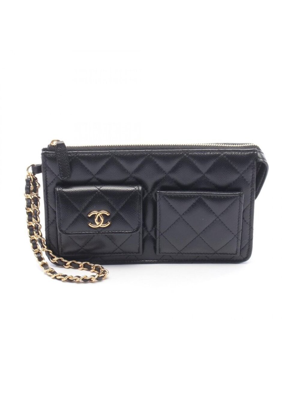 Chanel Clutch Quilted Wallet Black Caviar Leather Chain